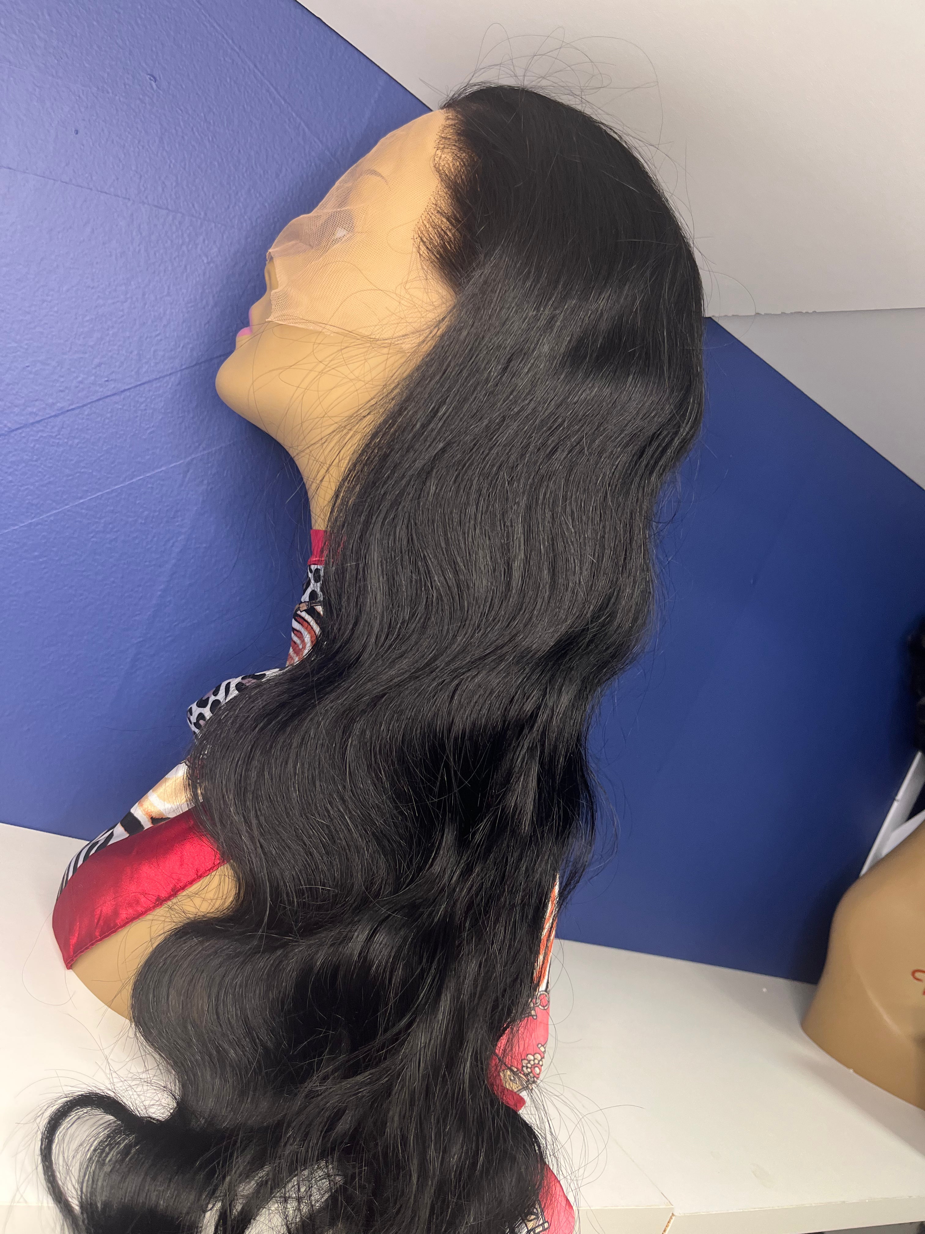 28 inch 13 by 4 preplucked prebleached gluless lace wig 100% human virgin Indian hair on mannequin