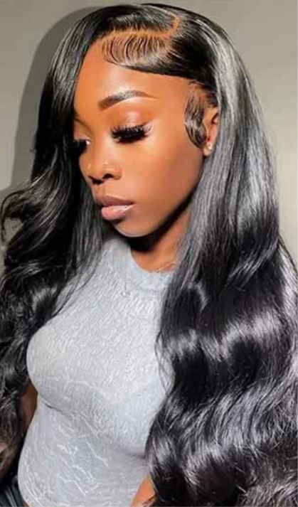 Pretty woman wearing virgin body wave bundles with Grey background in 22"24" and 26 inches wearing grey t-shirt