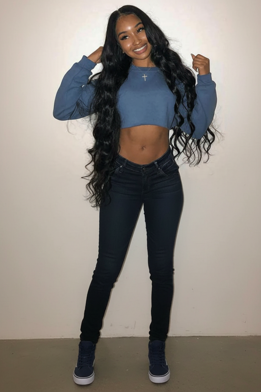 pretty woman wearing 3 bundles of virgin Brazilian  body wave in the lengths 26"28" and 30 inches and she's wearing a light blue shirt standing Infront of a white background 